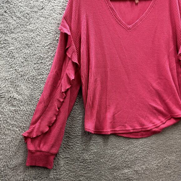 Pilcro XL Pink Waffle Knit Long Sleeve Ruffle V-Neck Shirt Frilly Girly Casual - Picture 3 of 9